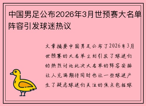 中国男足公布2026年3月世预赛大名单阵容引发球迷热议