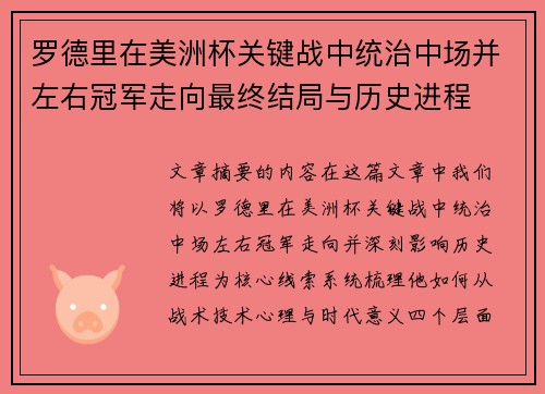 罗德里在美洲杯关键战中统治中场并左右冠军走向最终结局与历史进程
